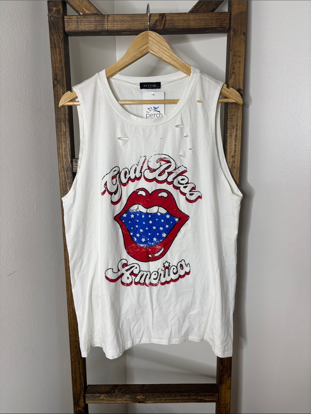 Zutter White Distressed Patriotic Graphic Muscle Tee Size L
